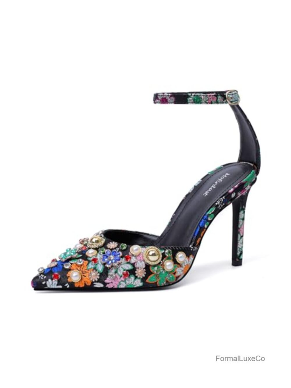 Rhinestone Ankle Strap Stiletto Heels Floral Embroidery Pumps